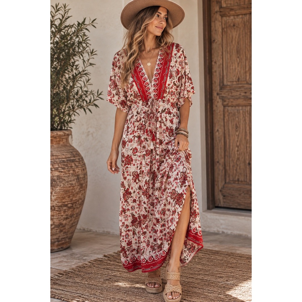 Cato Womens Floral Boho Maxi Dress Red Cream V-Neck Plus Size 14/16W New